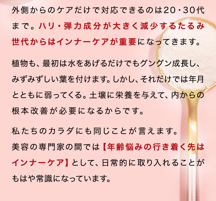 外側からのケアだけで対応できるのは20・30代まで。ハリ・弾力成分が大きく減少するたるみ世代からはインナーケアが重要になってきます。植物も、最初は水をあげるだけでもグングン成長し、みずみずしい葉を付けます。しかし、それだけでは年月とともに弱ってくる。土壌に栄養を与えて、内からの根本改善が必要になるからです。私たちのカラダにも同じことが言えます。美容の専門家の間では【年齢悩みの行き着く先はインナーケア】として、日常的に取り入れることがもはや常識になっています。