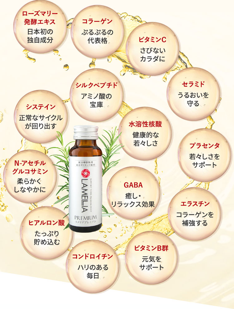 ・ローズマリー発酵エキス・コラーゲン・ビタミンC・セラミド・プラセンタ・エラスチン・水溶性核酸・シルクペプシド・システイン・N-アセチルグルコサミン・GABA・エラスチン・ビタミンB群・コンドロイチン・ヒアルロン酸・