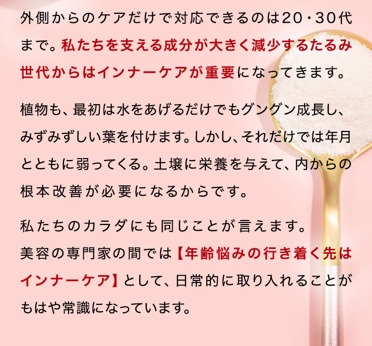 外側からのケアだけで対応できるのは20・30代まで。ハリ・弾力成分が大きく減少するたるみ世代からはインナーケアが重要になってきます。植物も、最初は水をあげるだけでもグングン成長し、みずみずしい葉を付けます。しかし、それだけでは年月とともに弱ってくる。土壌に栄養を与えて、内からの根本改善が必要になるからです。私たちのカラダにも同じことが言えます。美容の専門家の間では【年齢悩みの行き着く先はインナーケア】として、日常的に取り入れることがもはや常識になっています。