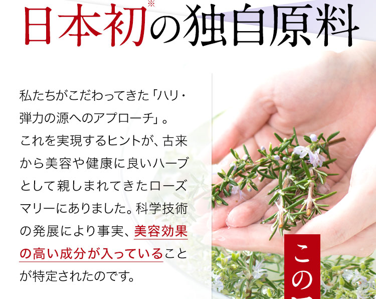 日本初の独自原料　私たちがこだわってきた「ハリ・弾力の源へのアプローチ」。これを実現するヒントが、古来から美容や健康に良いハーブとして親しまれてきたローズマリーにありました。科学技術の発展により事実、美容効果の高い成分が入っていることが特定されたのです。